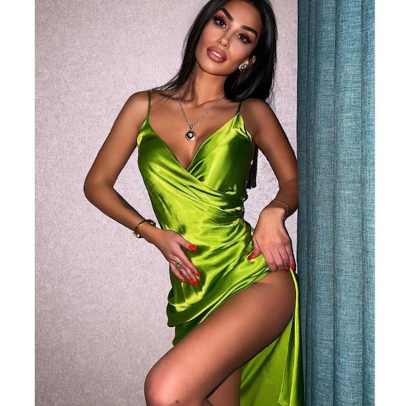 BLOGGER'S FAVE! Zara Greenish Satin Effect Slip Dress Sz S, M NWT - Picture 2 of 14